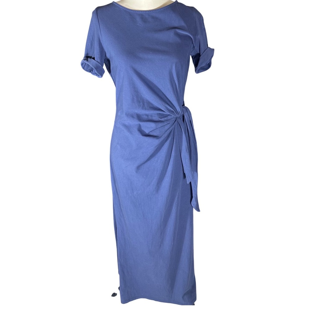 Sézane Pippa Dress Women Size M Washed Blue Side Tie Knot Short Sleeve